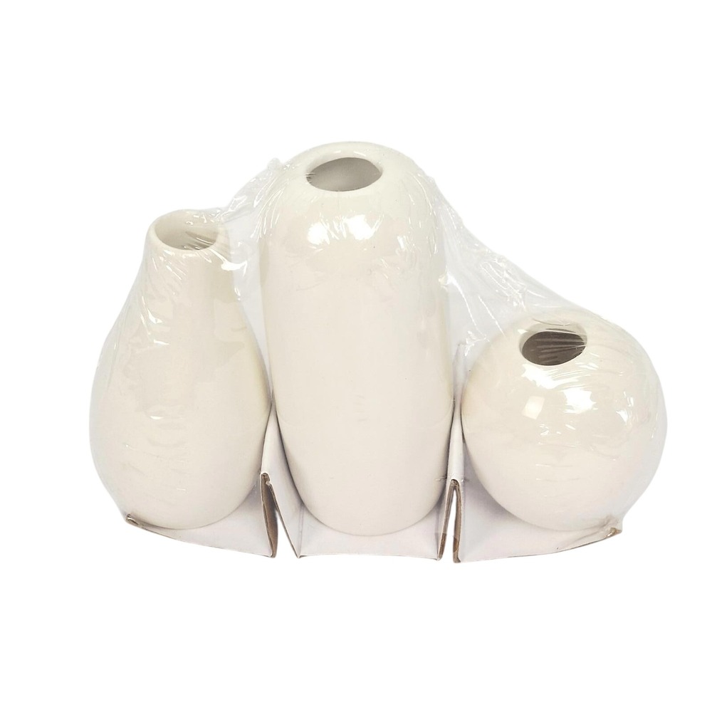 3PK White Ceramic Bud Vases Minimalist Glossy Earthenware Decorative Set 2318